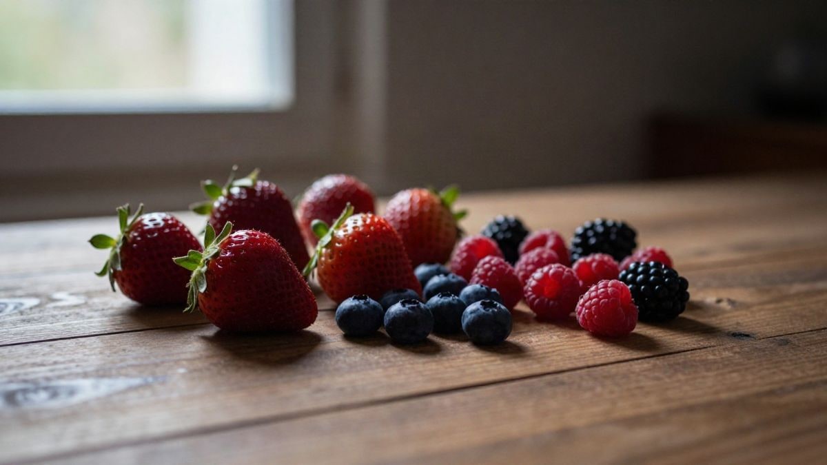 Imagen ilustrativa: primer plano de fresas, arándanos, frambuesas y moras sobre una mesa de madera