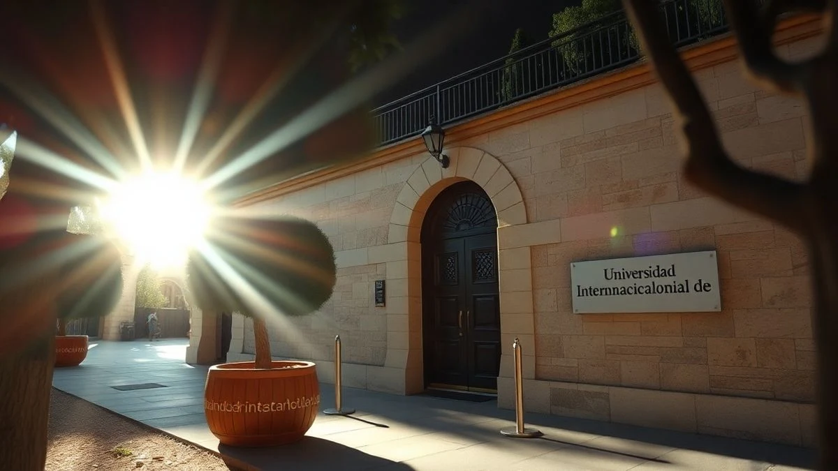 Entrada de la sede de la UNIA en La Rábida con arco de piedra y placa, con luz de atardecer y algunas personas al fondo.