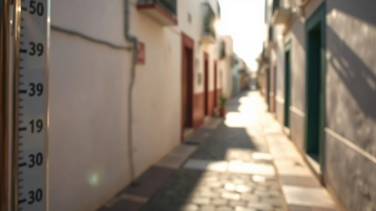 Termómetro marcando 39 grados en una calle andaluza vacía con casas blancas al atardecer