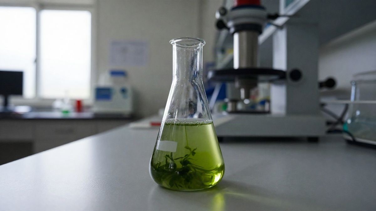 Imagen ilustrativa: matraz de laboratorio con cultivo de microalgas verdes y equipos de procesado desenfocados