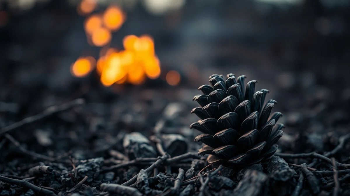 Imagen ilustrativa: un paisaje forestal calcinado con un tronco carbonizado en primer plano al atardecer