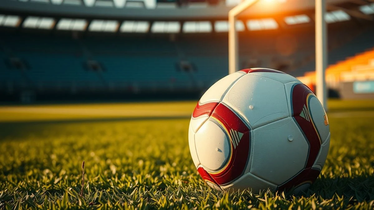 Imagen ilustrativa: un balón de fútbol sobre el césped con luz de atardecer y un fondo de estadio desenfocado