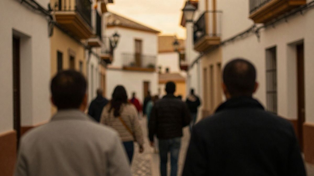 Imagen ilustrativa: siluetas de personas en una plaza al atardecer con puestos informativos y sombras largas