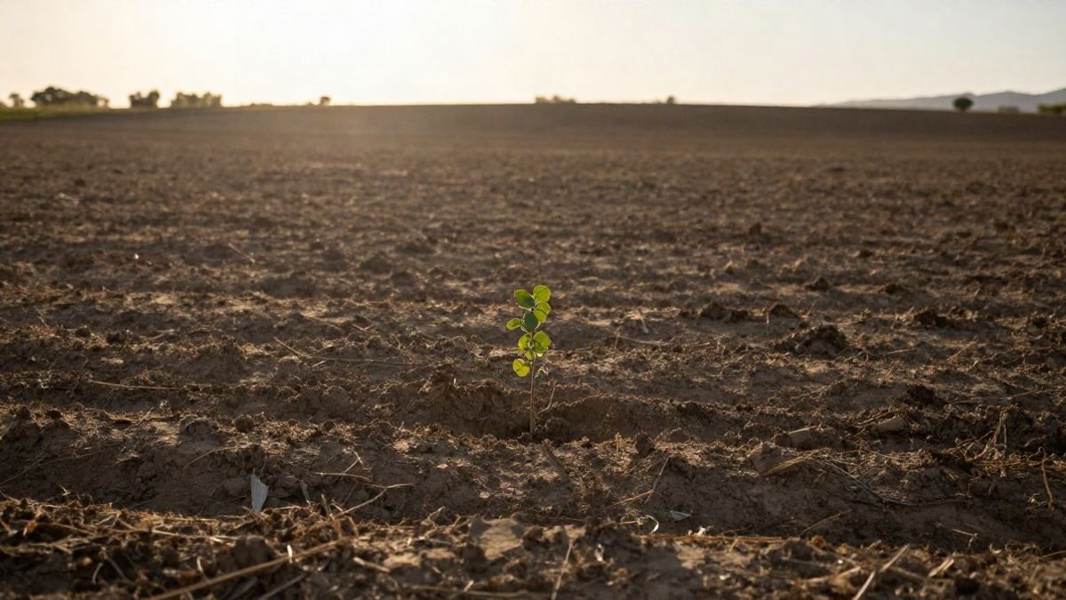 Imagen ilustrativa: un pequeño plantón joven en un campo abierto y seco al atardecer, con sombras largas