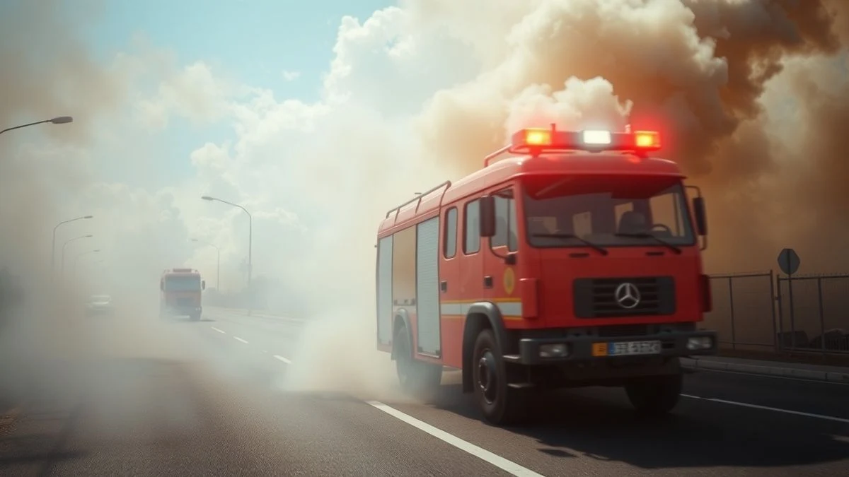Imagen ilustrativa: un camión de bomberos avanza por una carretera entre llamas y humo denso, con poca visibilidad.