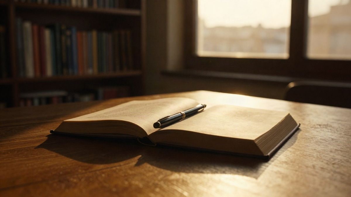 Imagen ilustrativa: contraluz al atardecer con siluetas y sombras largas sobre un libro abierto y una pluma en un escritorio