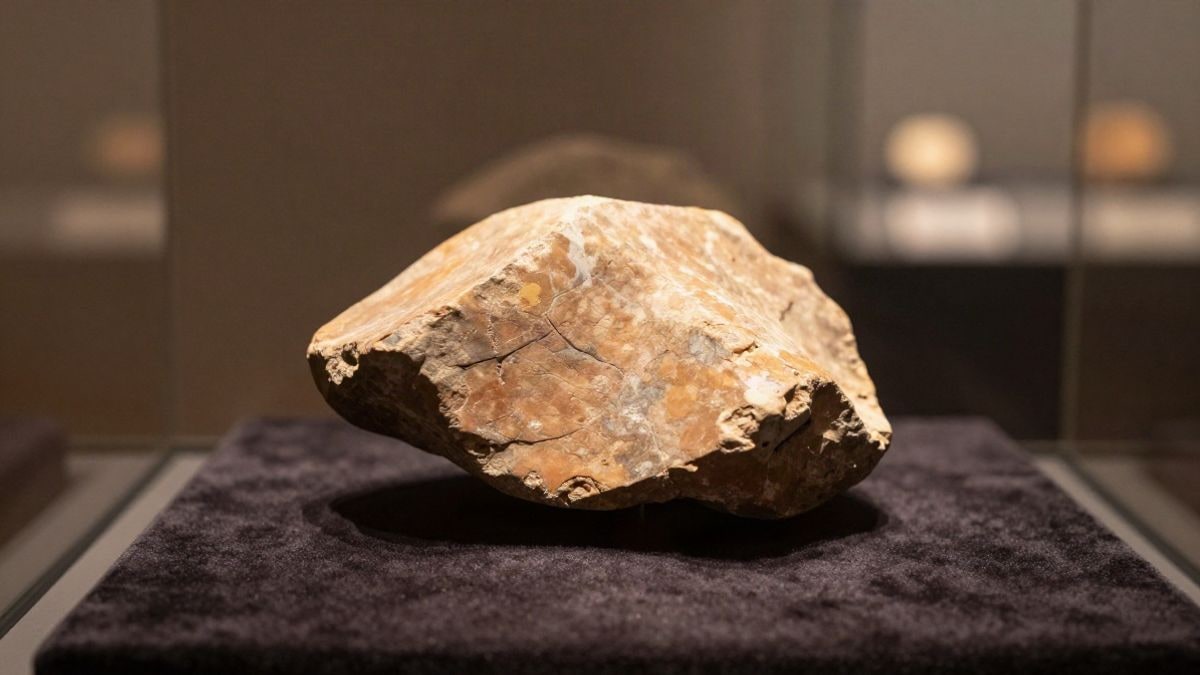 Imagen ilustrativa: fragmento de terracota antigua sobre terciopelo oscuro dentro de una vitrina de museo iluminada