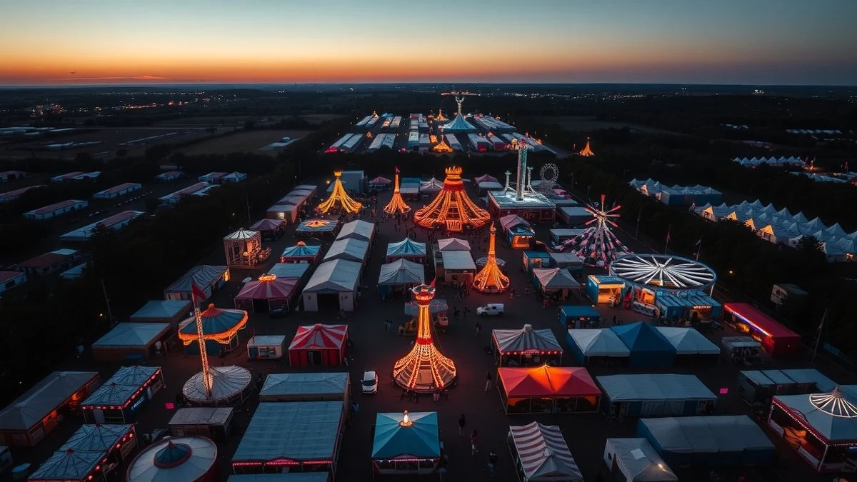 Imagen ilustrativa: vista cenital de un recinto ferial iluminado al atardecer, con casetas y atracciones junto a un estadio y una ría.