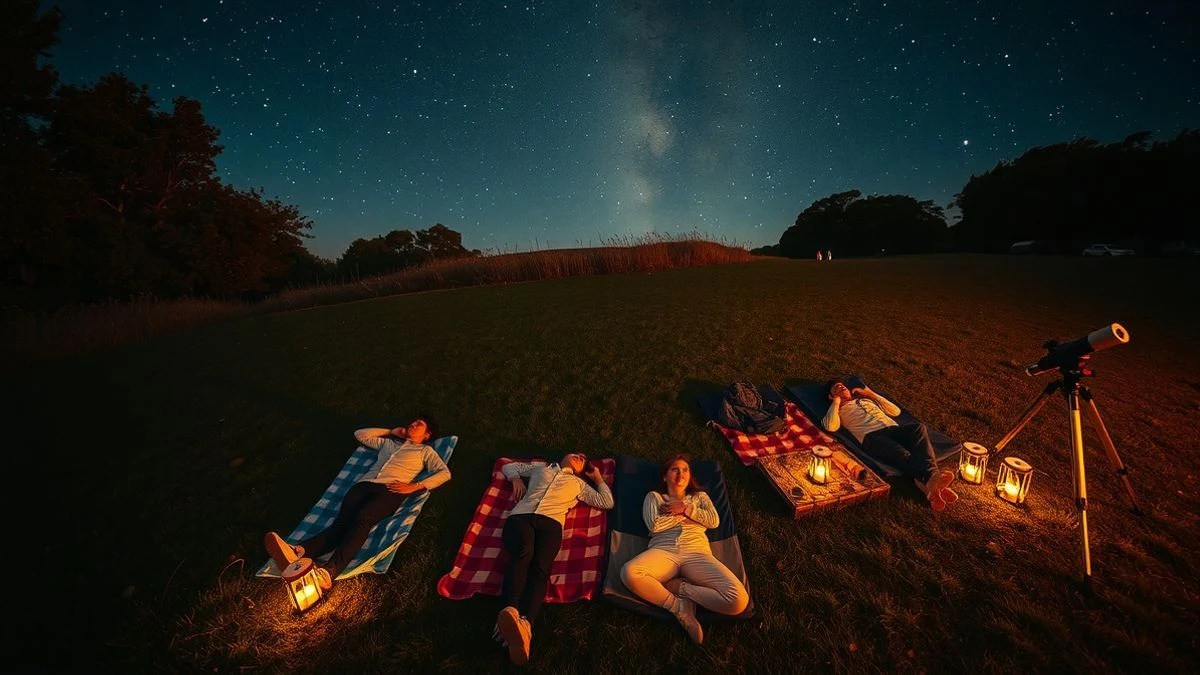 Imagen ilustrativa: vista cenital de un grupo de personas tumbadas en una pradera observando el cielo estrellado con un telescopio cerca.