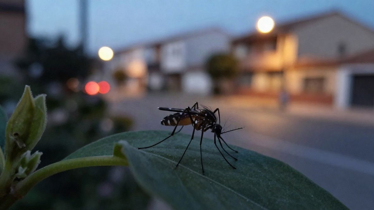 Imagen ilustrativa: un mosquito sobre una hoja al atardecer, con luces de una zona urbana al fondo