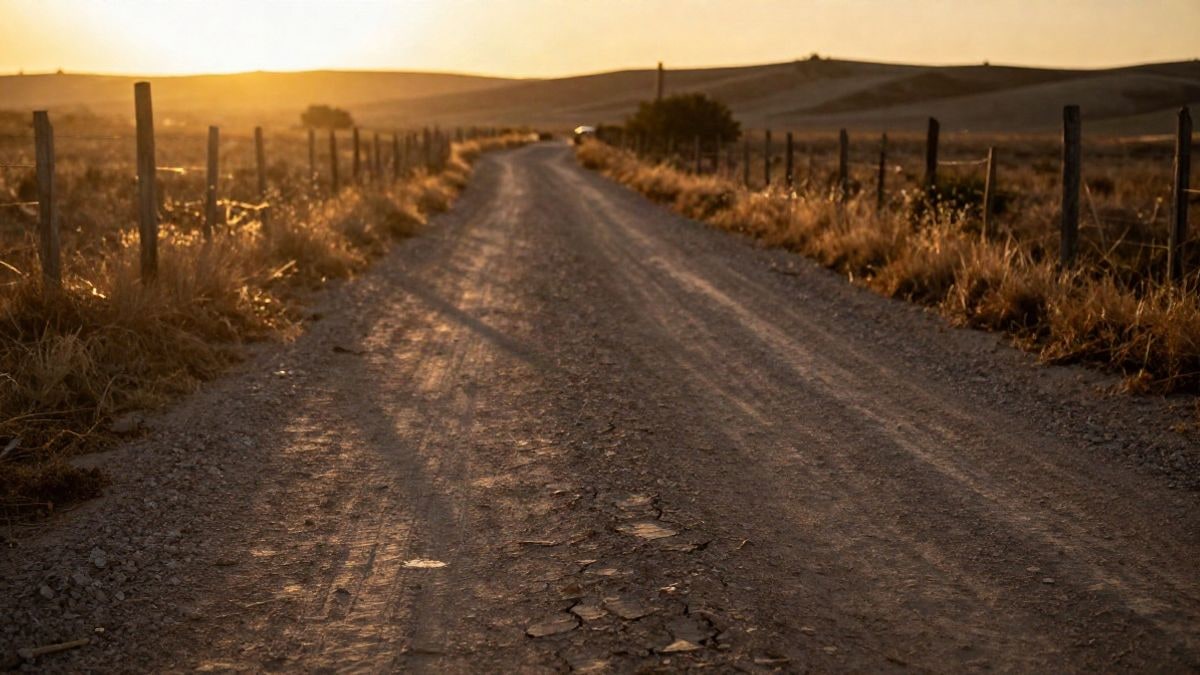 Imagen ilustrativa: camino rural de tierra al atardecer con sombras largas y paisaje de colinas al fondo