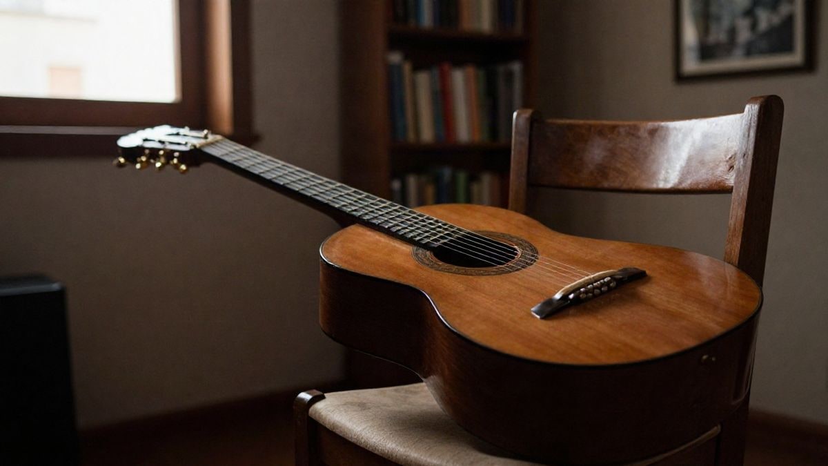 Imagen ilustrativa: guitarra apoyada en una silla de madera en una sala con estanterías al fondo