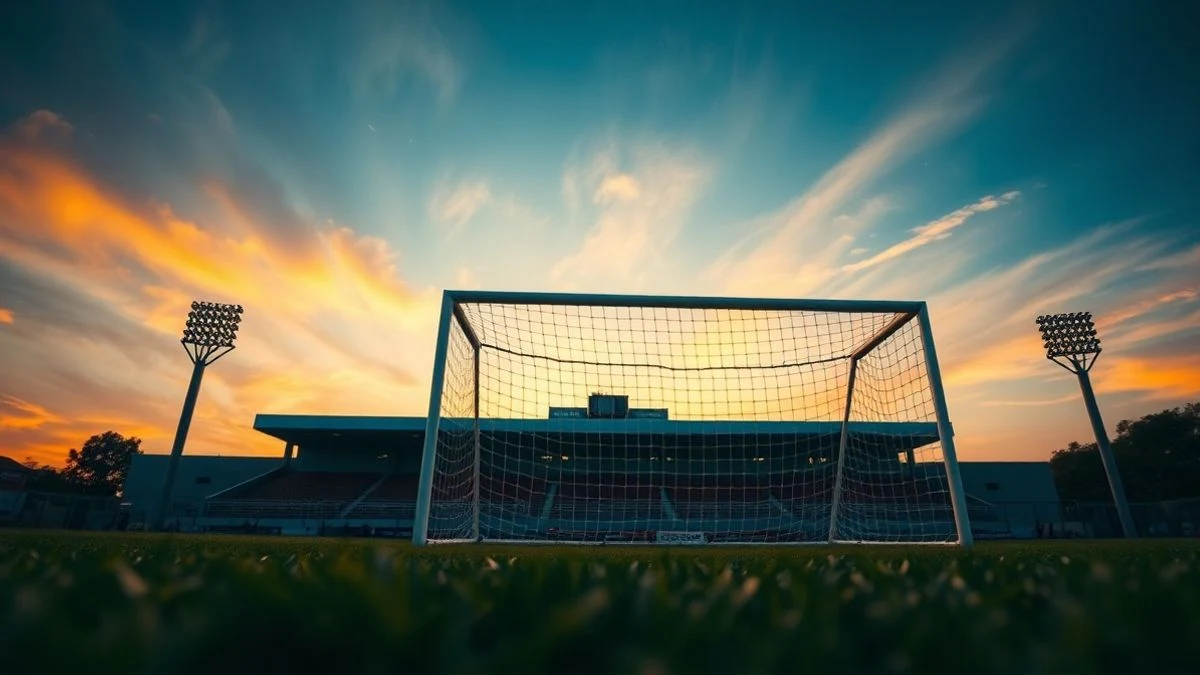 Vista a ras de suelo de una portería de fútbol vacía con el cielo al fondo
