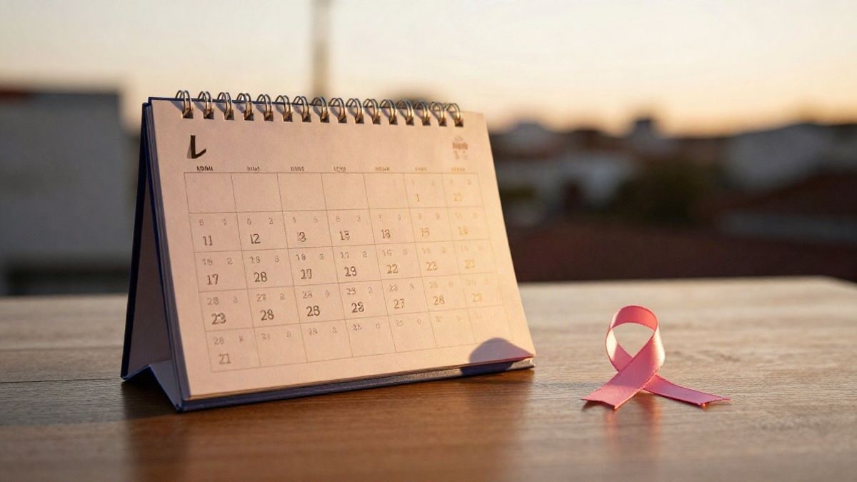 Imagen ilustrativa: calendario cerrado sobre una mesa de madera con un lazo rosa, iluminado por contraluz al atardecer