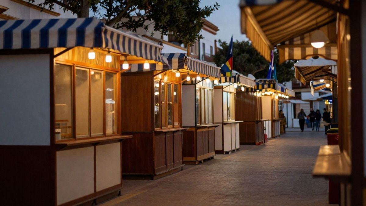 Imagen ilustrativa: fila de casetas de feria andaluzas con toldos a rayas al atardecer