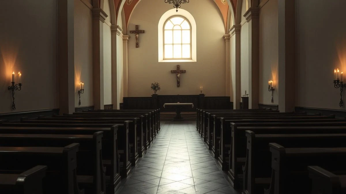 Interior del Santuario del Rocío con bancos de madera y un atril vacío iluminado por velas