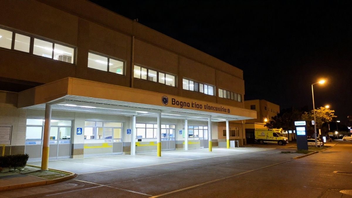 Imagen ilustrativa: fachada de un hospital público genérico de noche con luces encendidas y zona de urgencias vacía