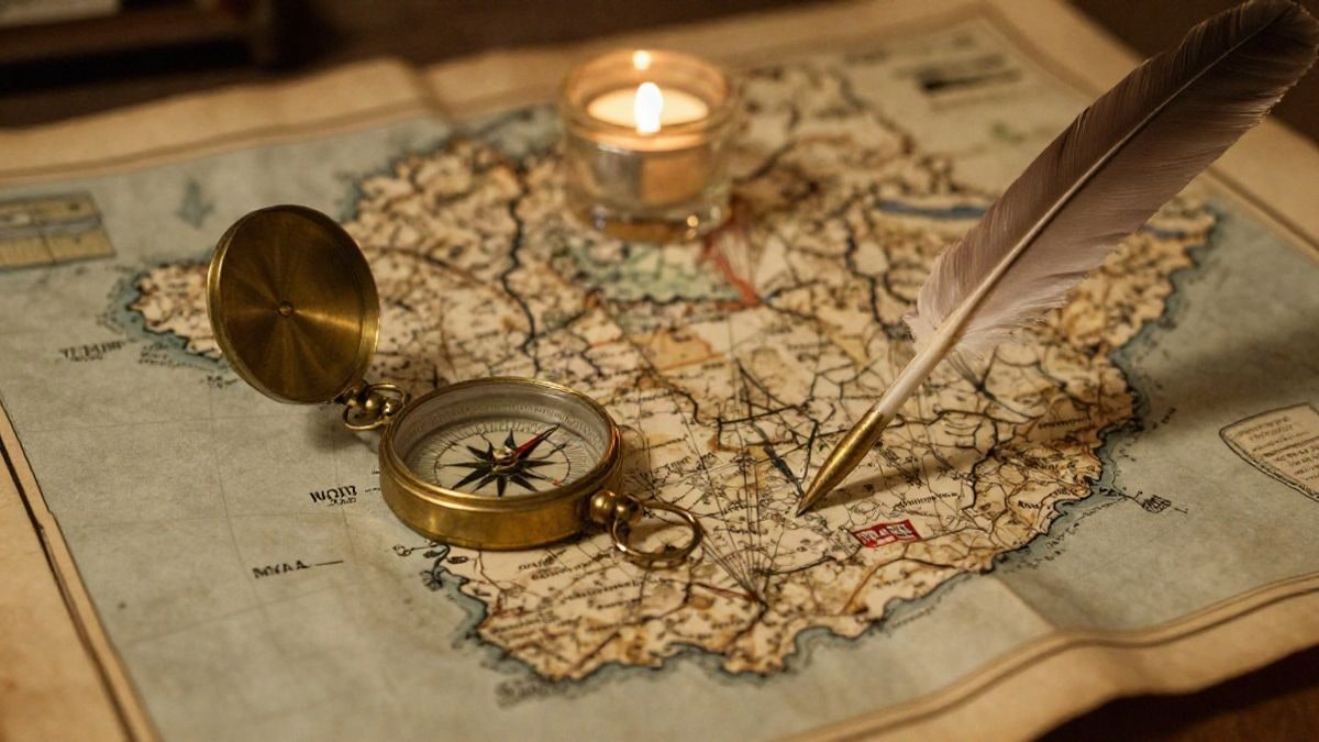 Imagen ilustrativa: mapa náutico antiguo con brújula y pluma iluminados por una vela
