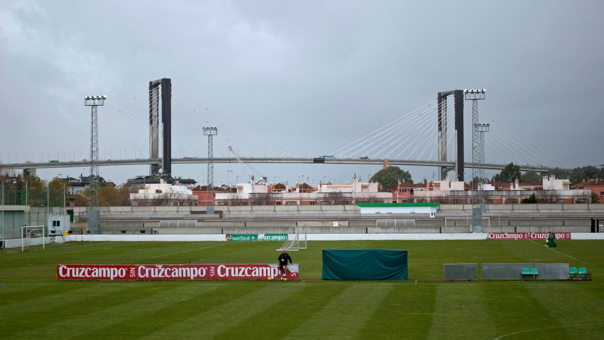Campo de césped con gradas y el puente del Alamillo al fondo, bajo cielo nublado.