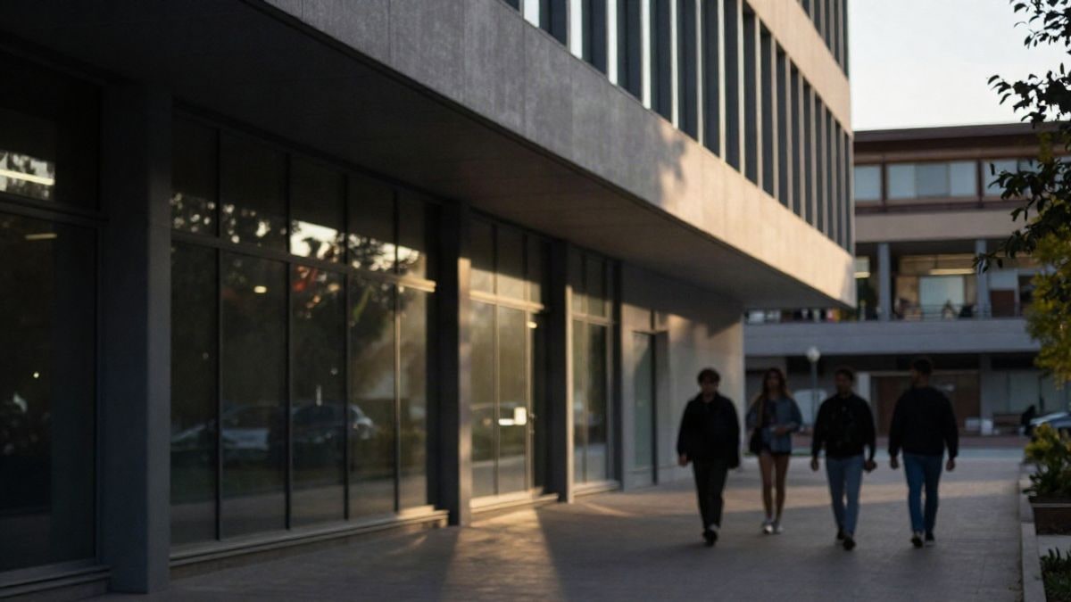 Imagen ilustrativa: un edificio universitario moderno con grandes ventanales y estudiantes desenfocados al fondo