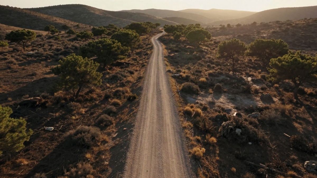 Imagen ilustrativa: camino de tierra entre vegetación seca y pinos en un paisaje forestal mediterráneo