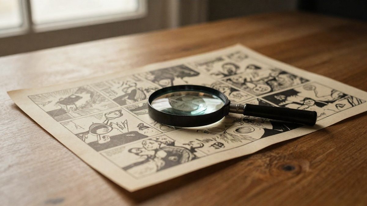 Imagen ilustrativa: página de cómic vintage sobre una mesa de madera con una lupa
