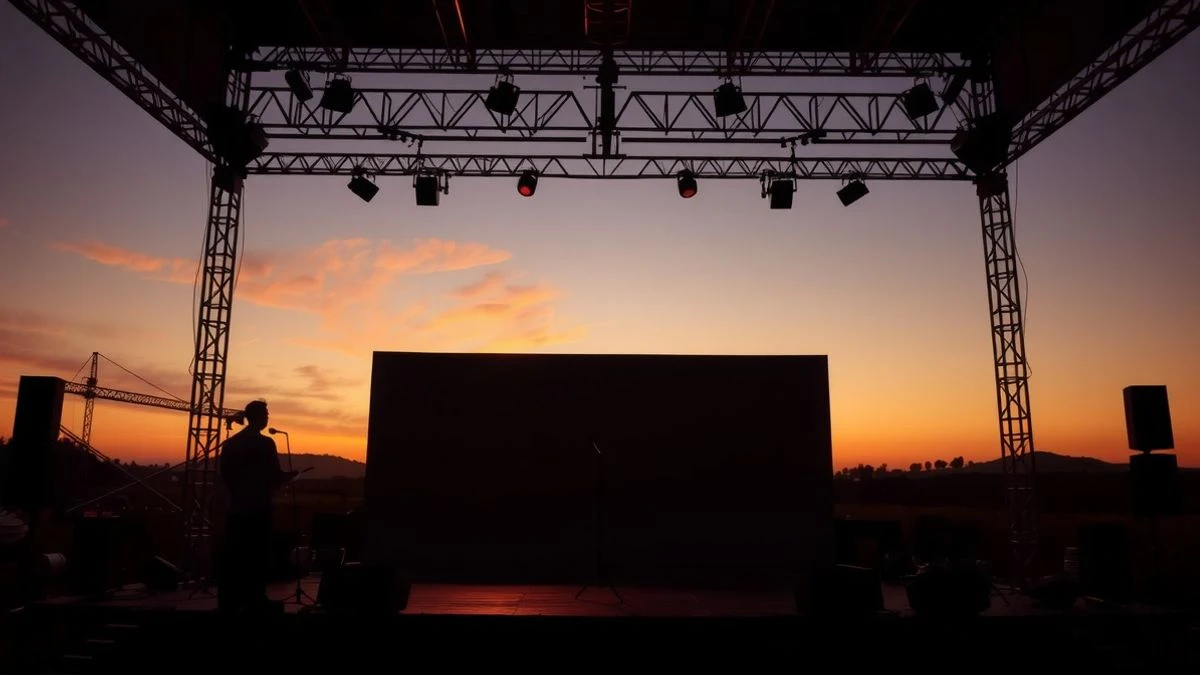 Imagen ilustrativa: un escenario vacío al atardecer, con contraluz y sombras largas, micrófono y altavoces silueteados.