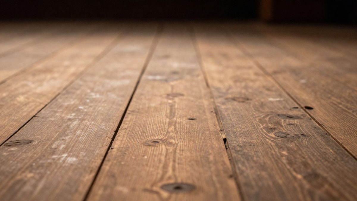 Imagen ilustrativa: detalle de suelo de madera de un escenario iluminado con luz cálida lateral