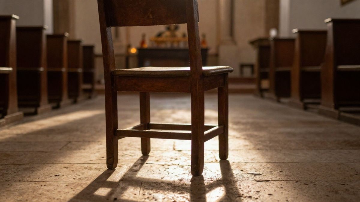 Imagen ilustrativa: una silla de madera vacía en una sala con luz de atardecer y sombras largas