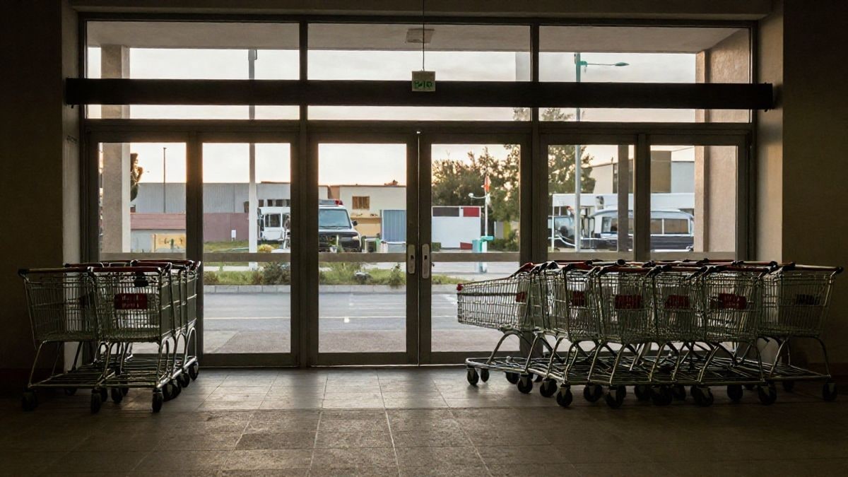 Imagen ilustrativa: entrada de un supermercado con carritos alineados y luz natural