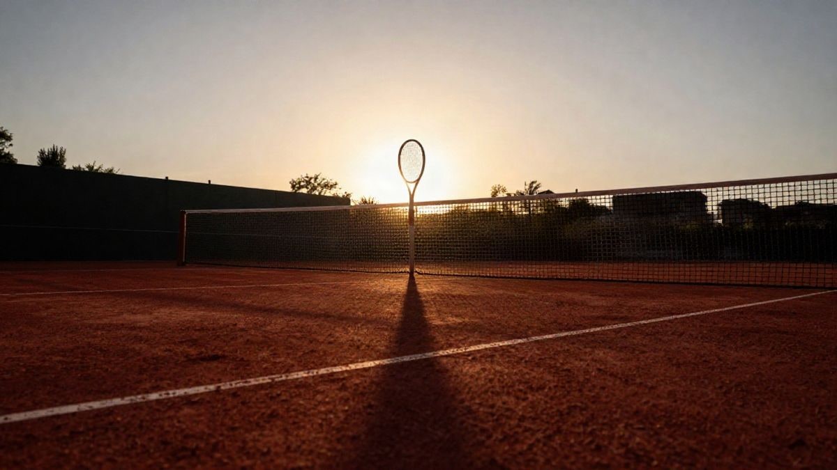 Imagen ilustrativa: red de tenis a contraluz sobre una pista de tierra batida al atardecer, con sombras largas