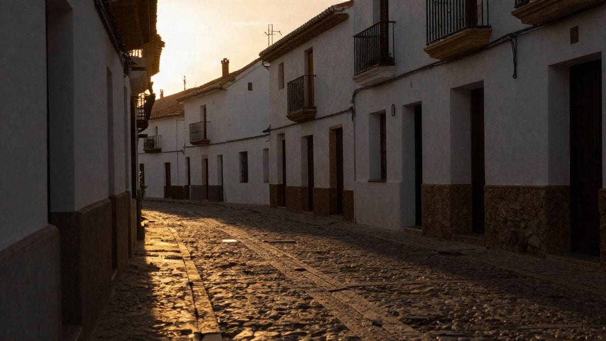 Imagen ilustrativa: callejón encalado con suelo empedrado y sombras al atardecer