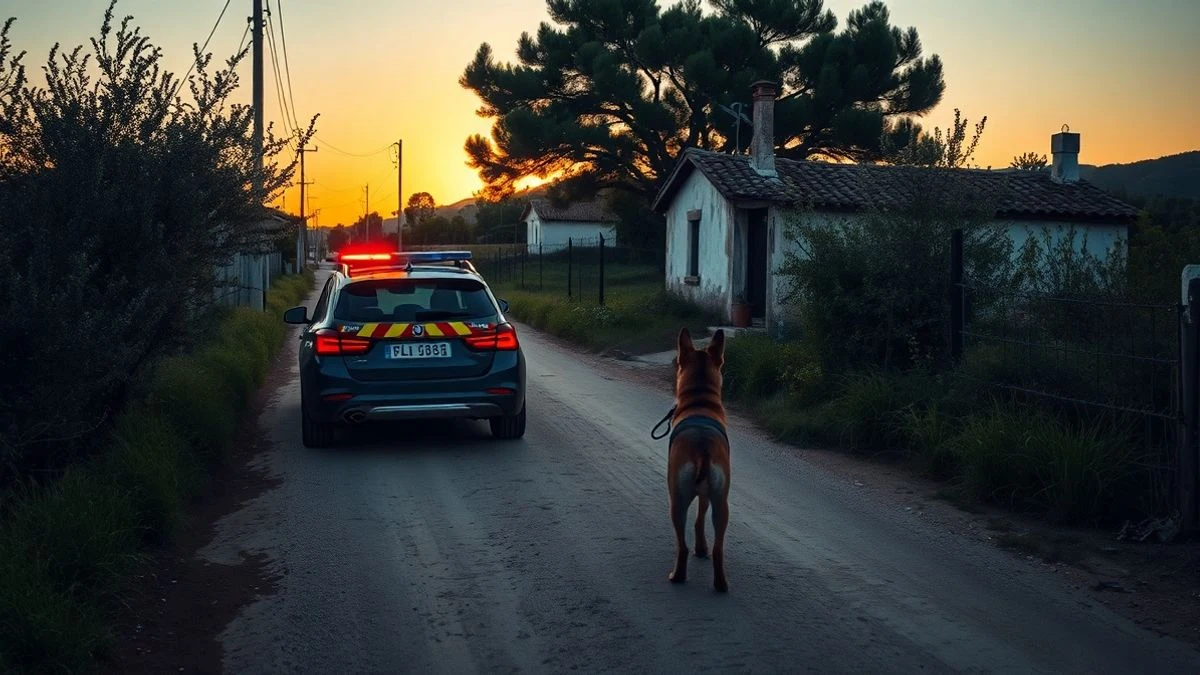 Agente de la Guardia Civil con perro en una carretera rural al atardecer, en El Pozuelo.