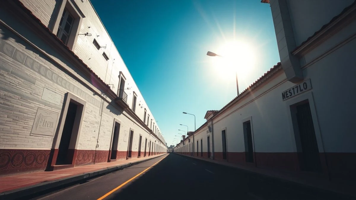 Calle de Huelva con fachadas blancas bajo un cielo despejado y sol intenso, sombras largas en el suelo