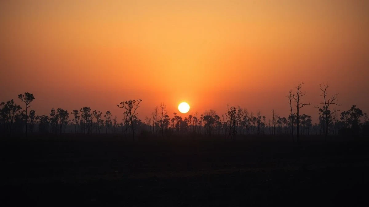 Imagen ilustrativa: un paisaje forestal quemado al atardecer, con árboles calcinados y sombras alargadas sobre el suelo carbonizado, cielo anaranjado y brumoso.