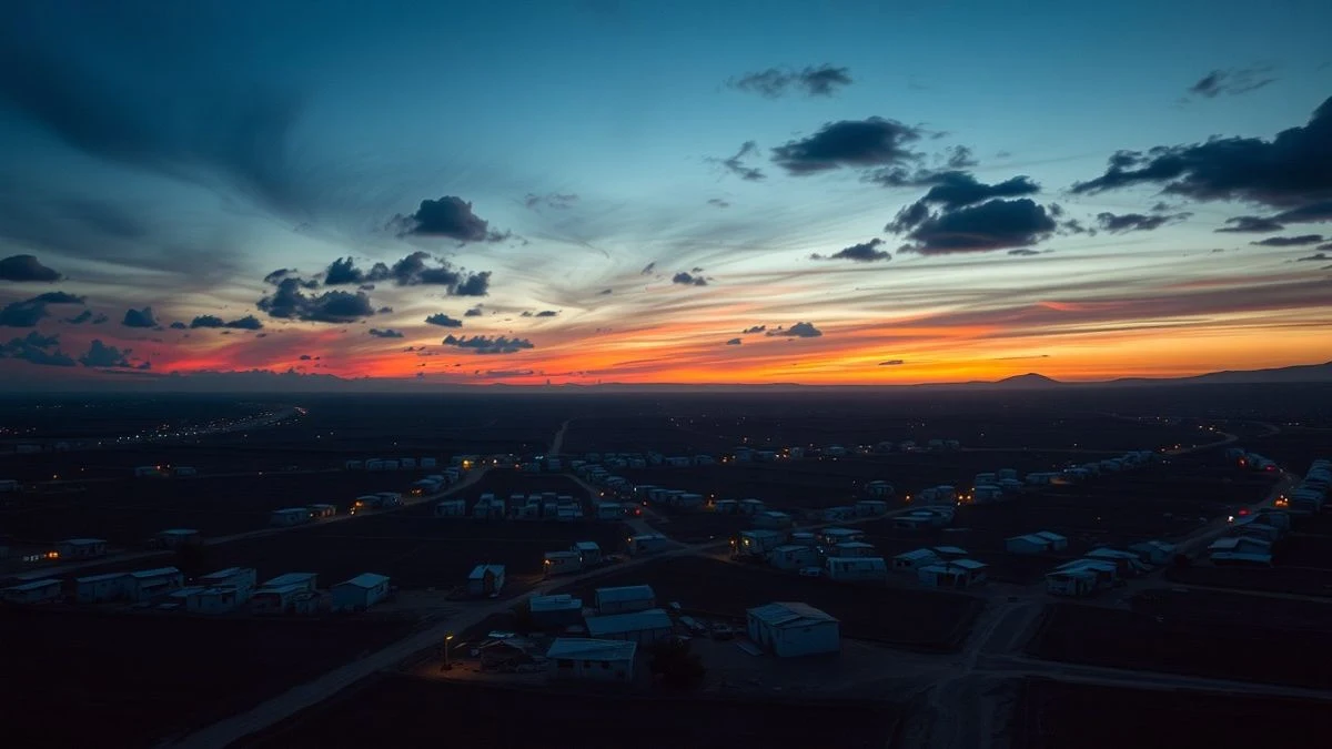 Vista aérea de un asentamiento chabolista al atardecer con luces dispersas entre campos agrícolas