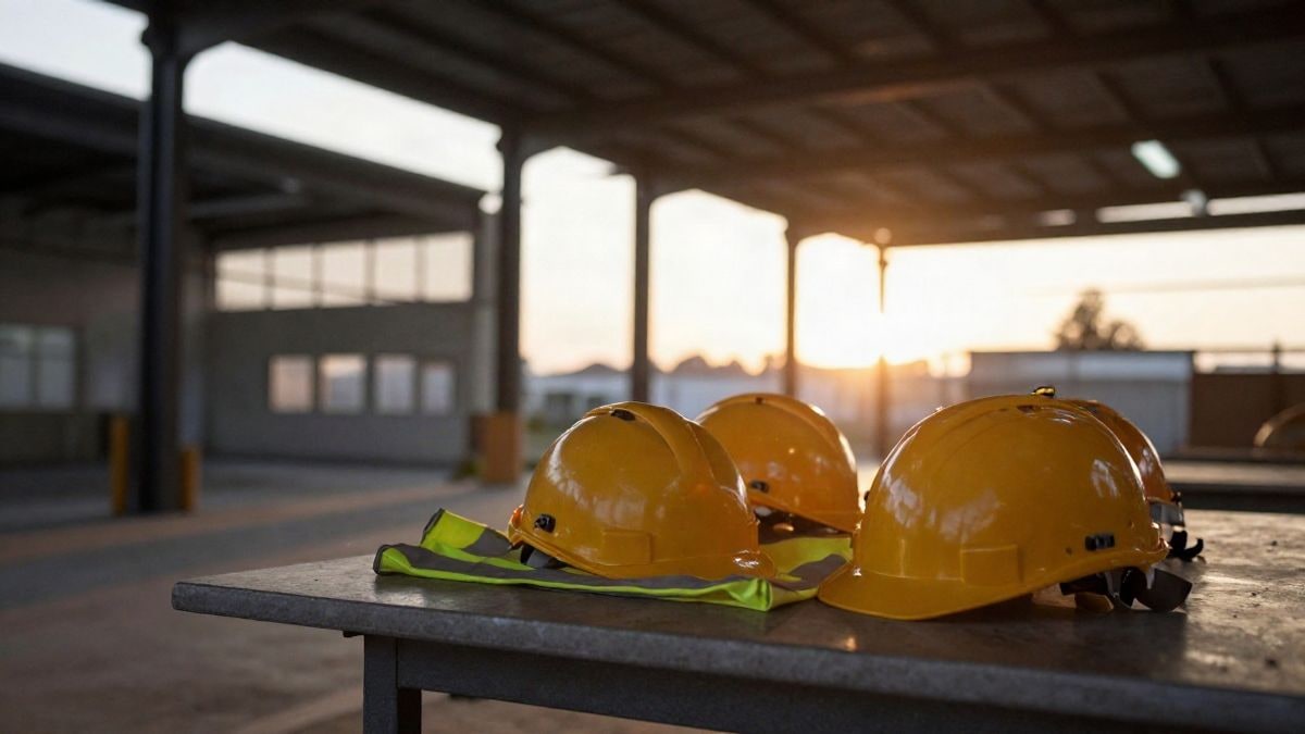 Imagen ilustrativa: cascos y chalecos de seguridad sobre una mesa en un almacén industrial vacío