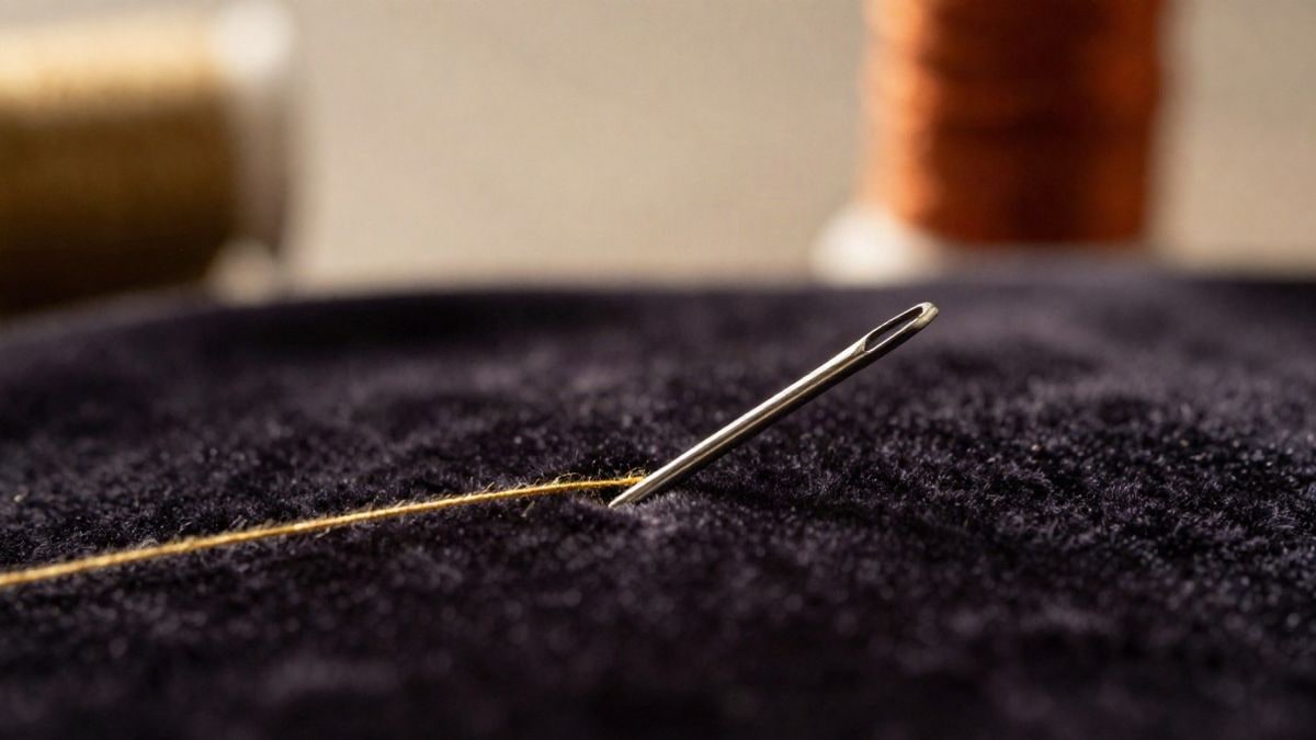 Imagen ilustrativa: primer plano macro de una aguja de coser con hilo dorado sobre terciopelo oscuro