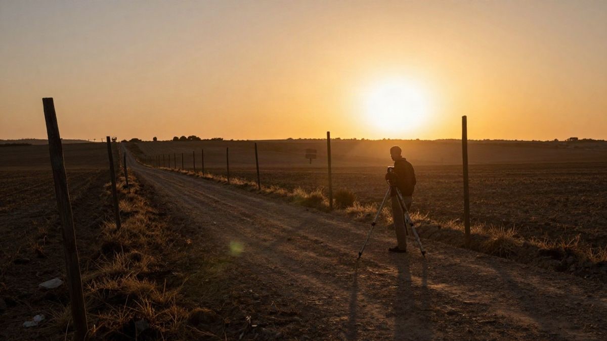 Imagen ilustrativa: estacas de obra y un trípode de topógrafo al atardecer en un campo andaluz
