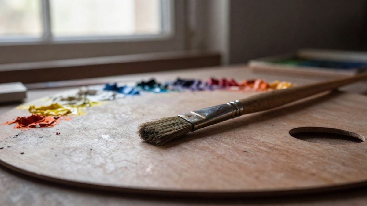 Imagen ilustrativa: detalle de un pincel sobre una paleta de madera con restos de pintura de colores