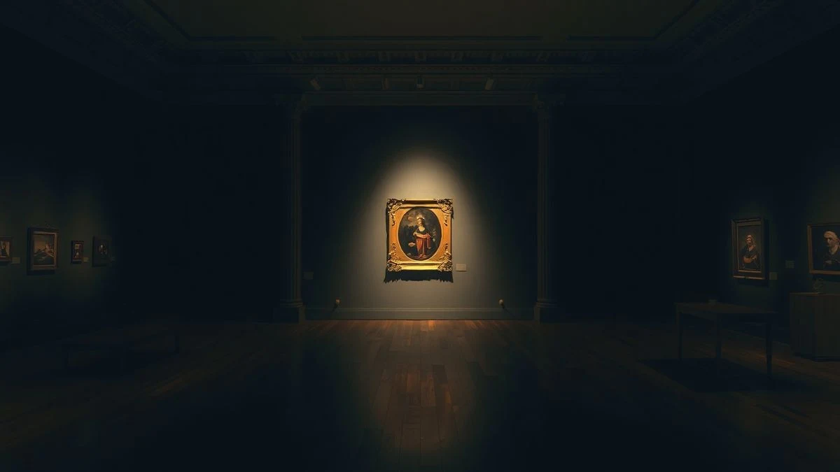 Sala de museo vacía con un cuadro iluminado en la pared