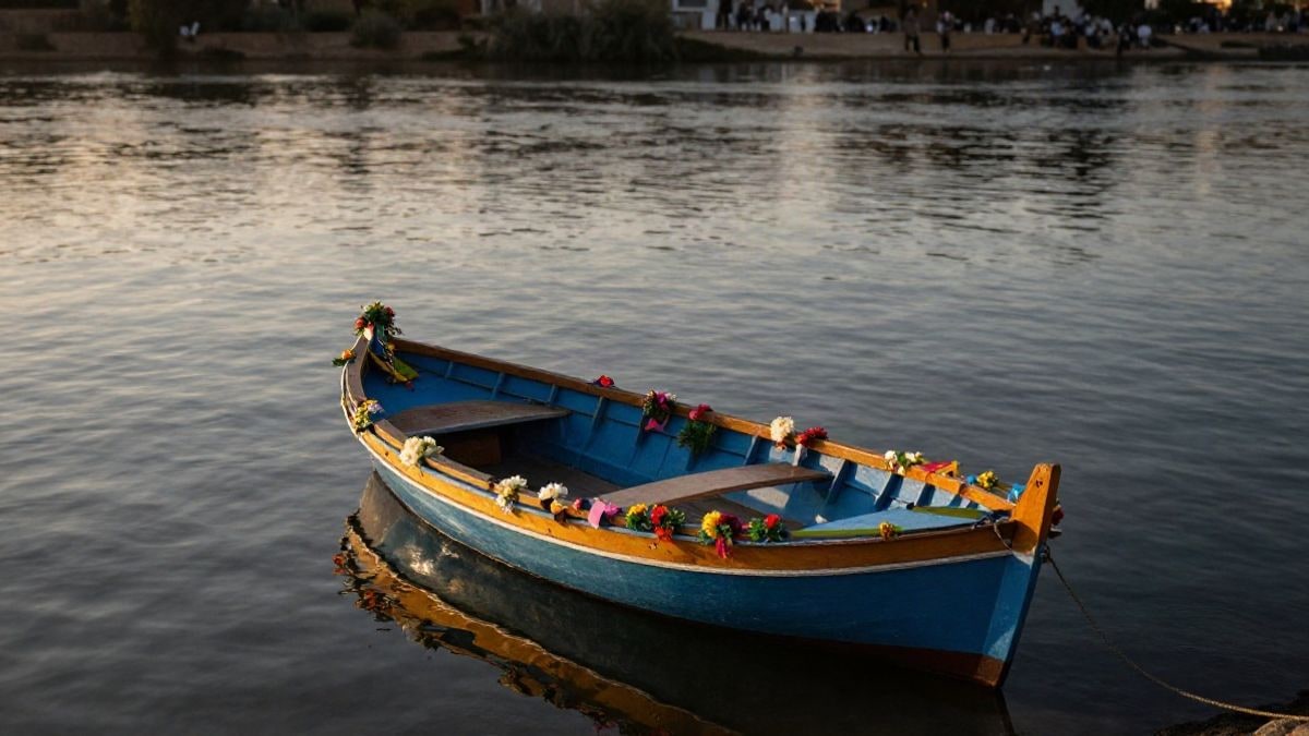 Imagen ilustrativa: una barca decorada con flores vista desde arriba, en un río al atardecer.
