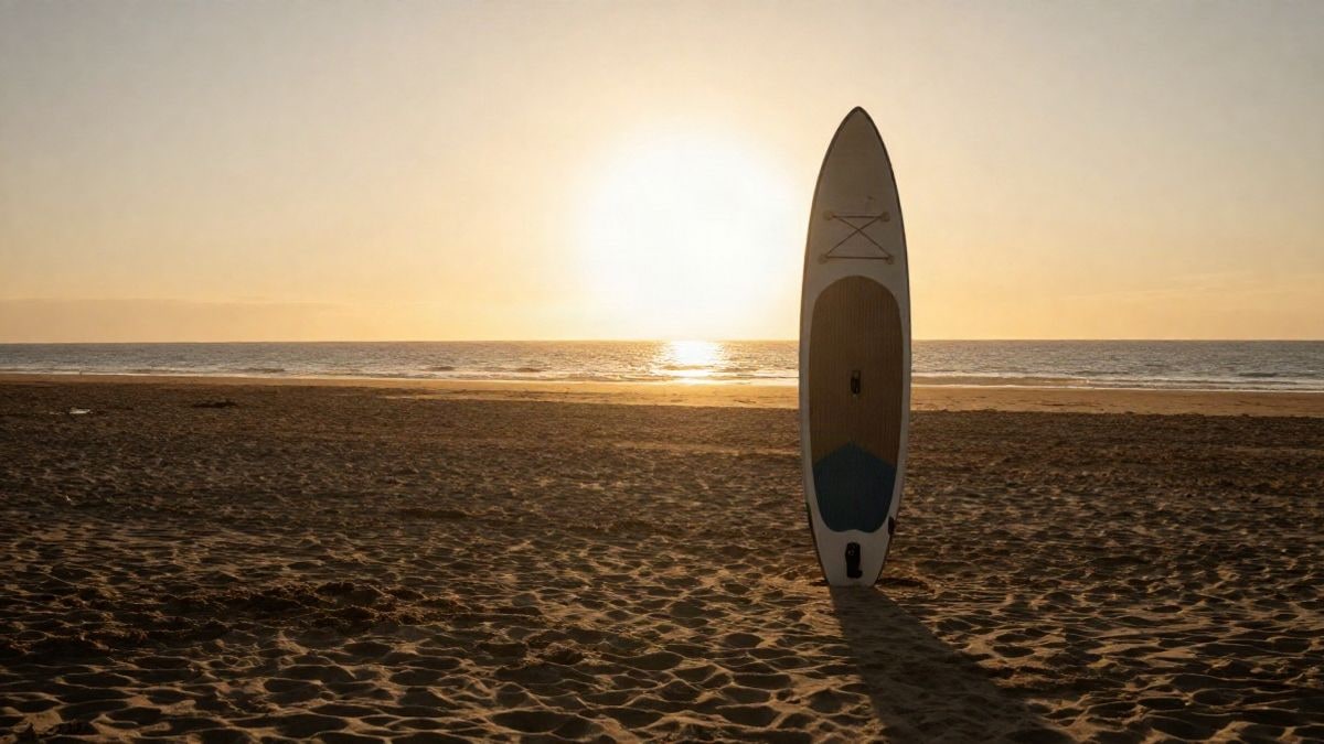 Imagen ilustrativa: una tabla de paddle surf apoyada en la arena de una playa al atardecer, con sombras largas