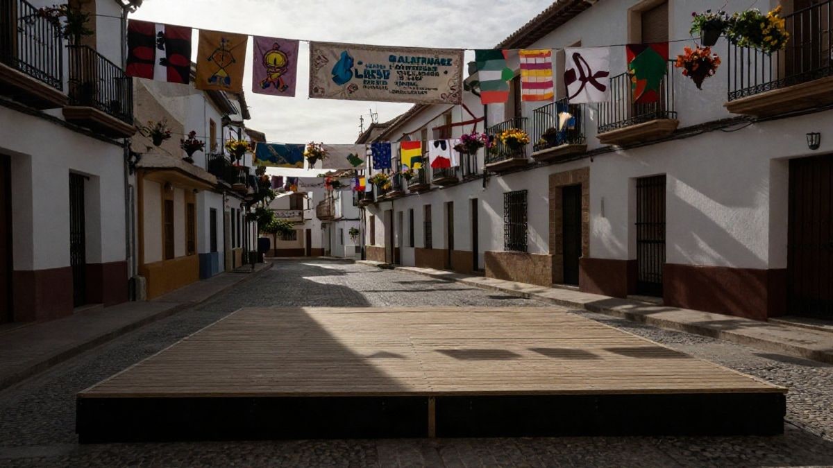 Imagen ilustrativa: calle andaluza engalanada con flores y un paso procesional vacío al fondo