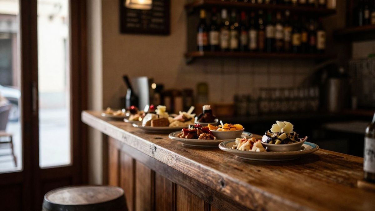 Imagen ilustrativa: barra de un bar rústico con platos de tapas iluminada por luz de ventana lateral