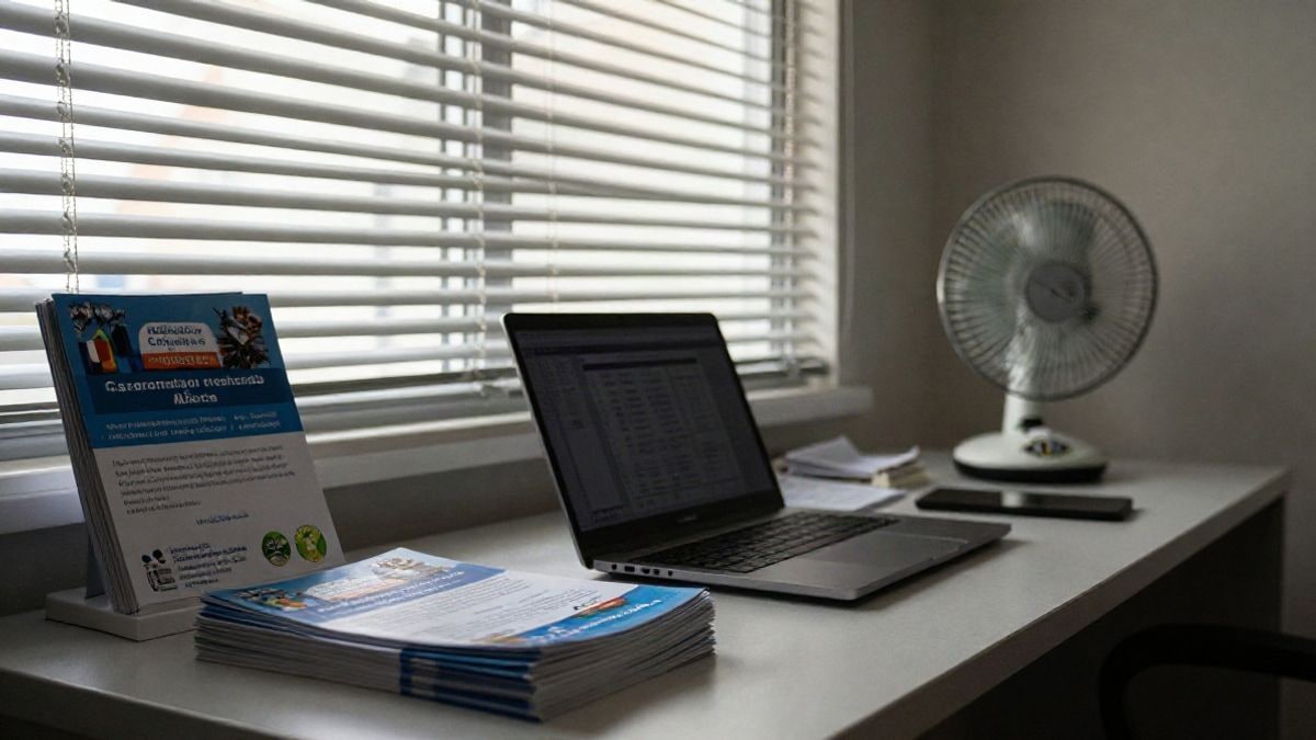 Imagen ilustrativa: mesa de oficina de salud pública con folletos informativos y luz lateral de ventana