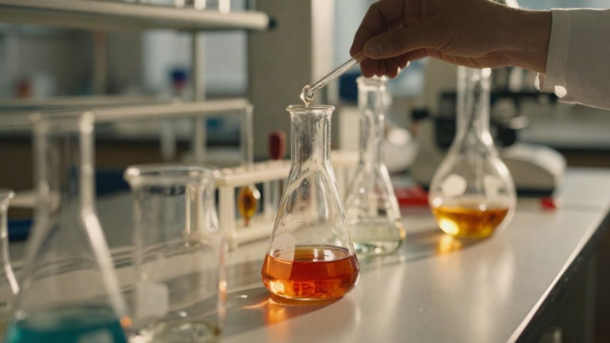 Imagen ilustrativa: material de laboratorio con líquidos de colores bajo luz natural