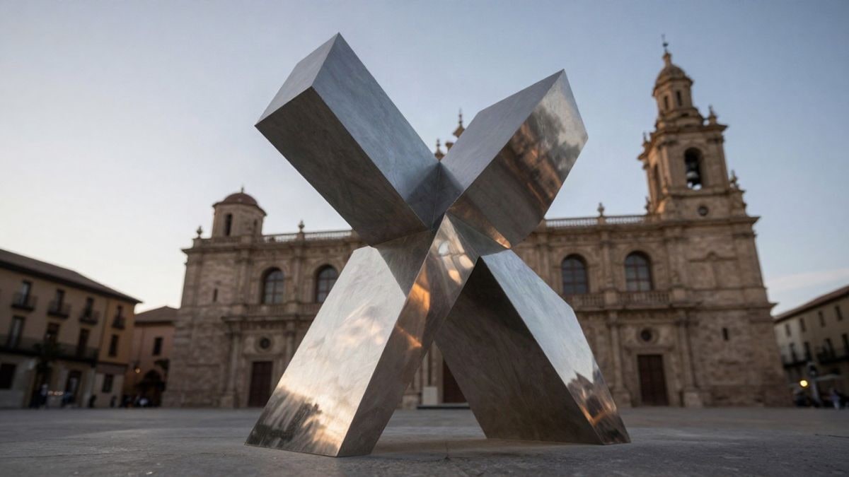 Imagen ilustrativa: escultura abstracta de acero inoxidable en una plaza pública, con un edificio histórico desenfocado al fondo
