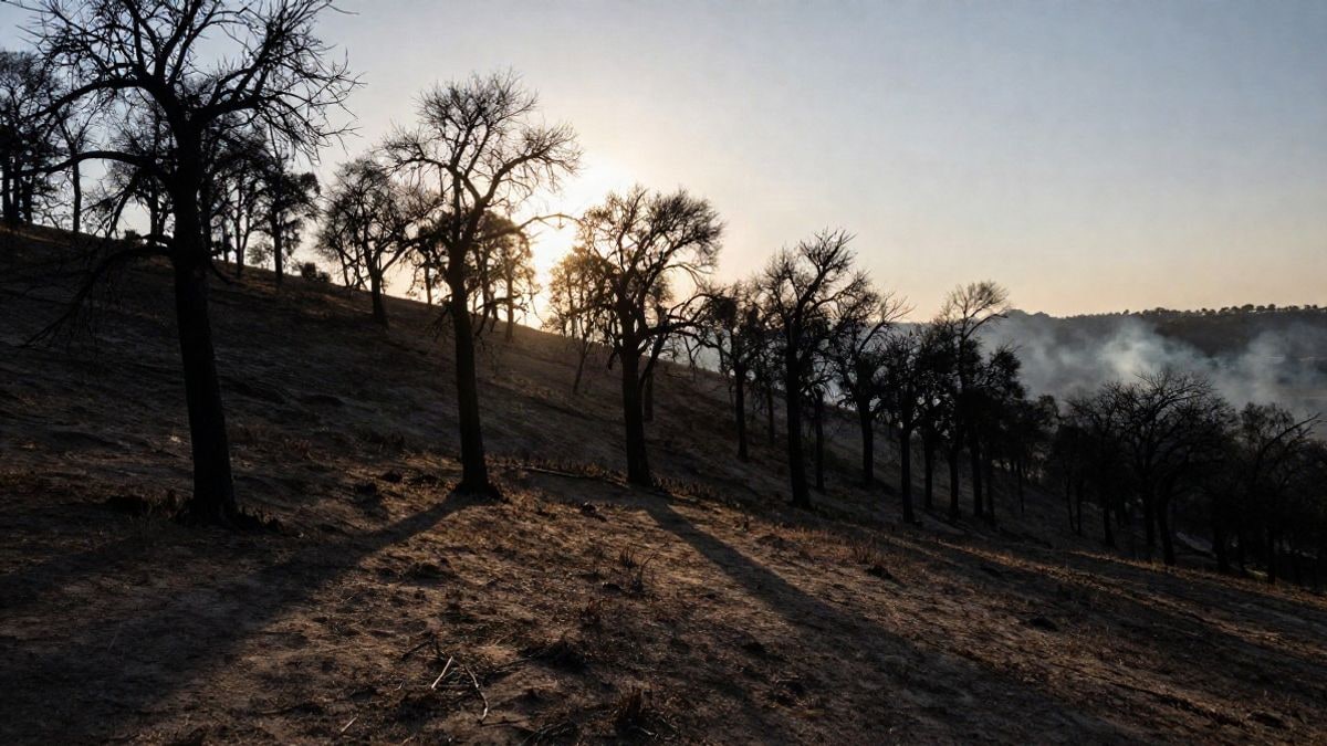 Imagen ilustrativa: colinas rurales con árboles quemados a contraluz al atardecer