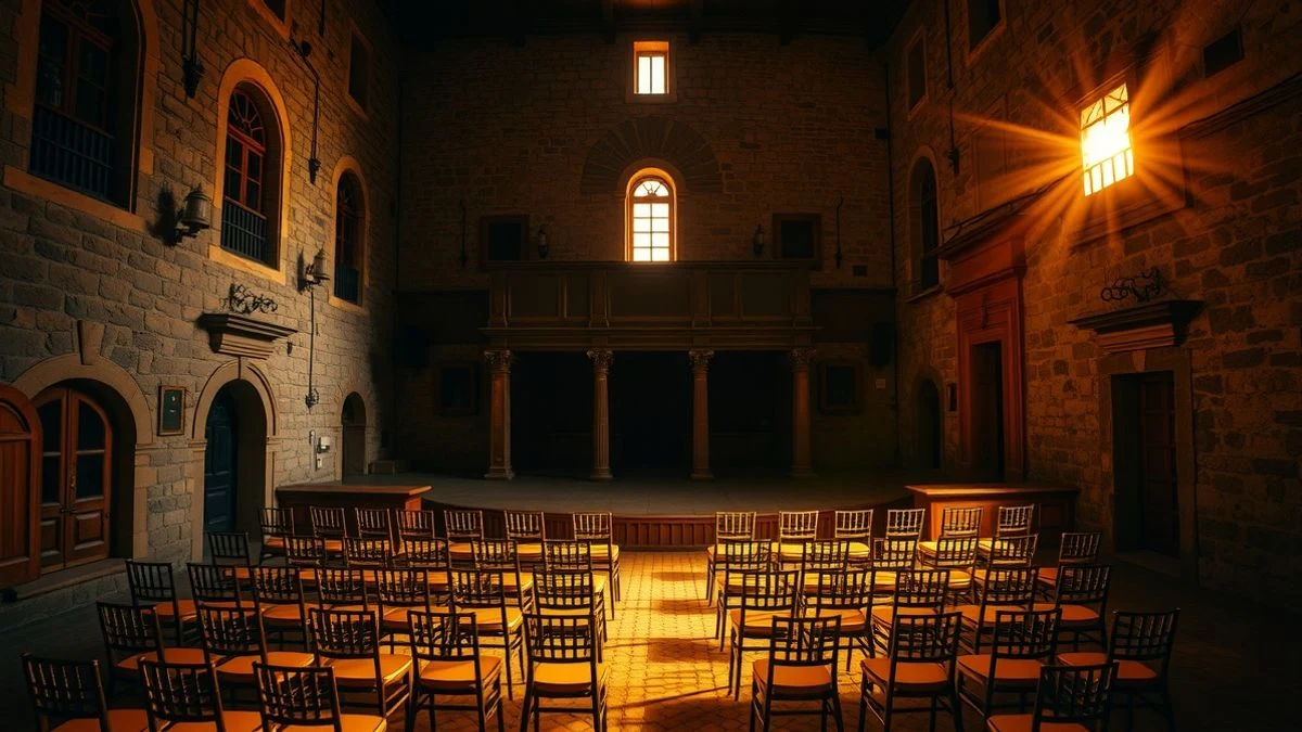 Imagen ilustrativa: patio de armas de un castillo con sillas vacías y luz de atardecer